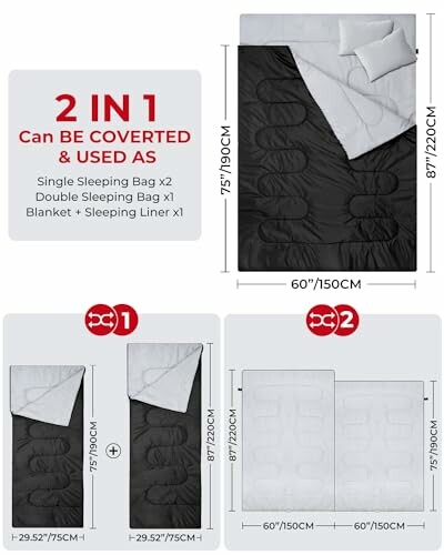 Convertible sleeping bag with two configurations: single and double.