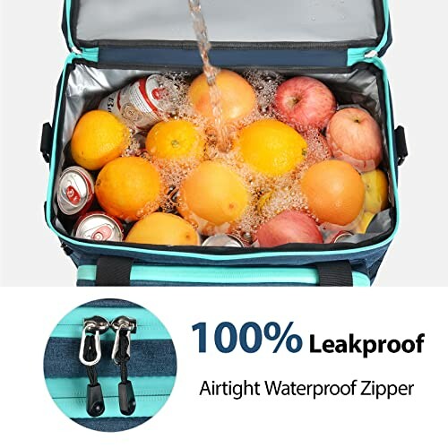 Cooler bag filled with fruits and cans, showcasing leakproof feature.