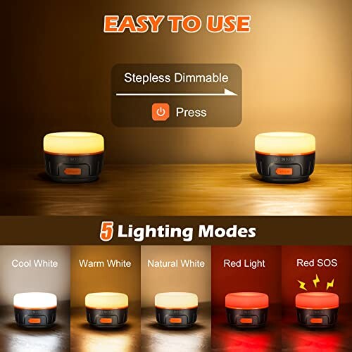 Stepless dimmable light with five modes: cool white, warm white, natural white, red light, red SOS.