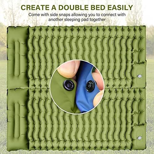 Green inflatable sleeping pad with side snaps for connecting pads.