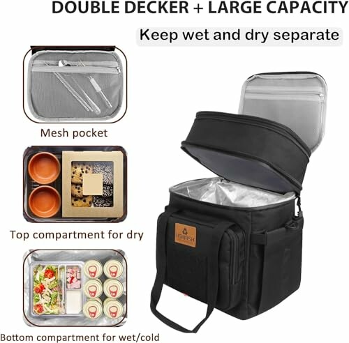 Double decker insulated lunch bag with compartments for wet and dry items.