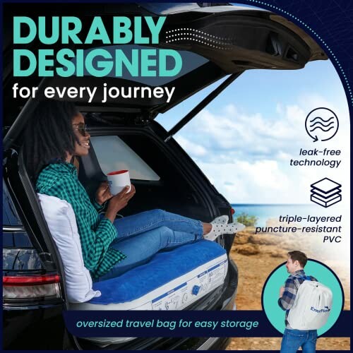 Person relaxing on inflatable mattress in car trunk with travel bag.