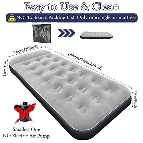 Inflatable air mattress with dimensions and features highlighted.