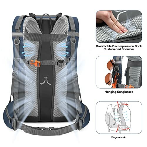 Ergonomic hiking backpack with breathable back cushion and shoulder straps, hanging sunglasses feature.