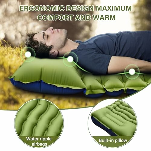 Man lying on ergonomic green sleeping pad with water ripple airbags and built-in pillow.