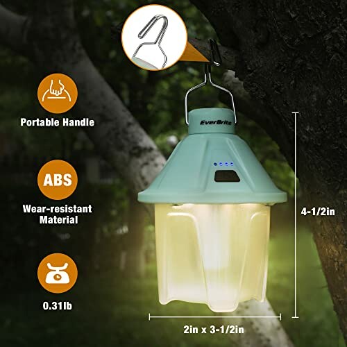 EverBrite portable LED lantern hanging on a tree with dimensions and features labeled.