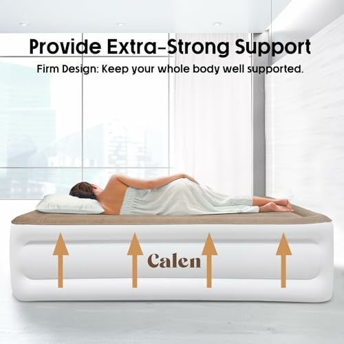 Person lying on a supportive air mattress with text emphasizing firm support.