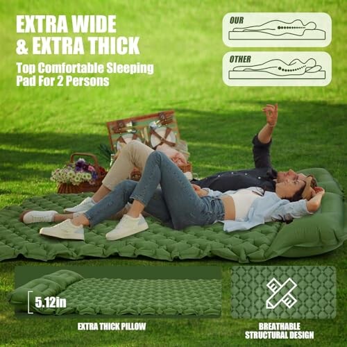 Couple relaxing on an extra wide and thick green sleeping pad outdoors.