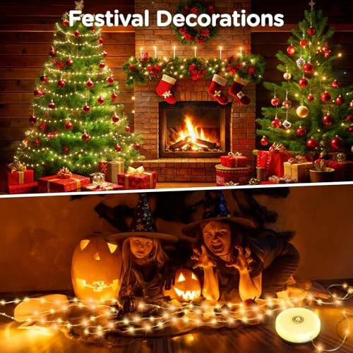 Split image of Christmas decorations with a fireplace and Halloween pumpkins with children