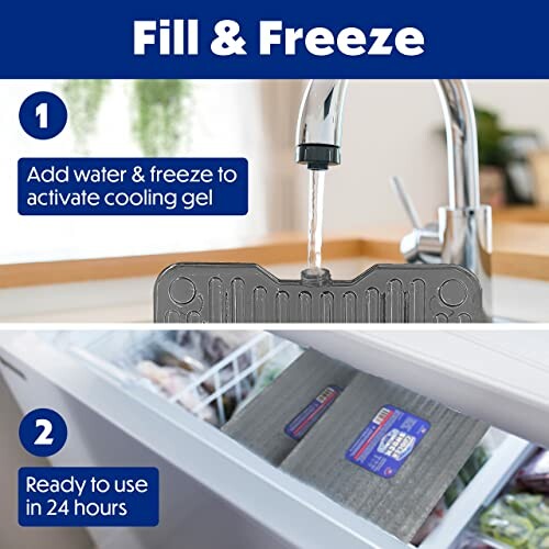 Instructions for using a cooling gel pack: fill with water and freeze, ready in 24 hours.