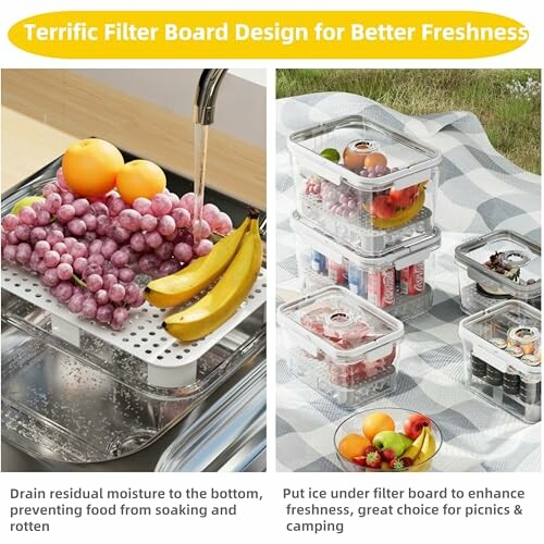 Food storage containers with filter boards for freshness.