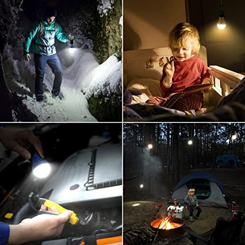 Collage of flashlight uses: hiking, reading, car repair, camping