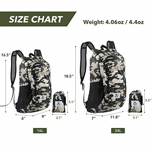 Size chart for foldable camo backpack, showing 16L and 24L dimensions.