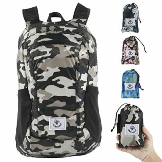 Camouflage foldable backpack with multiple color options shown.