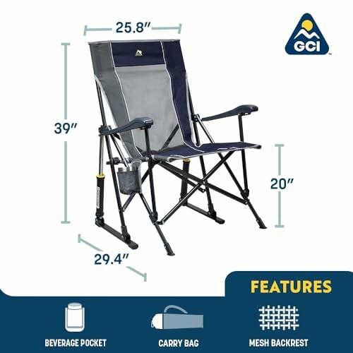 Foldable camping chair with beverage pocket and mesh backrest.