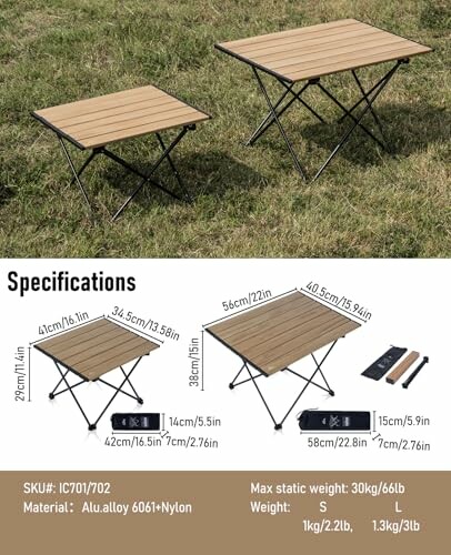 Two foldable camping tables on grass with specifications.