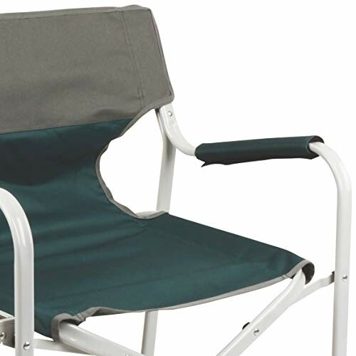 Folding camping chair with green fabric and white frame.