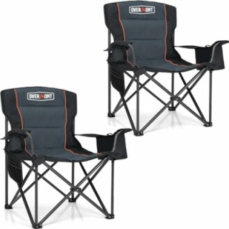 Two black folding camping chairs with cup holders