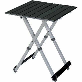 Compact folding camping table with slatted top.