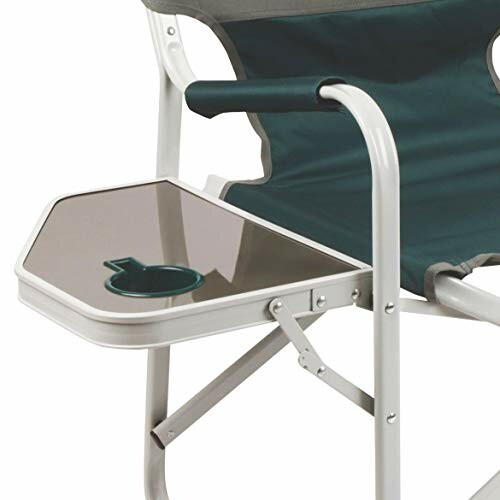 Folding chair with attached side table and cup holder.