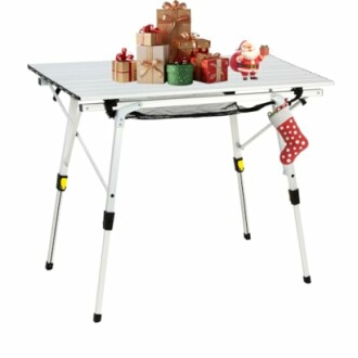 Folding table with Christmas gifts and decorations