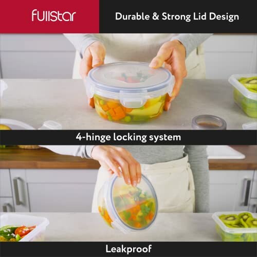 Person demonstrating a durable food storage container with a 4-hinge locking system.