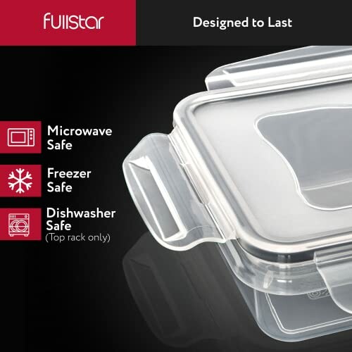 Clear plastic food storage container with lid, labeled microwave, freezer, and dishwasher safe.