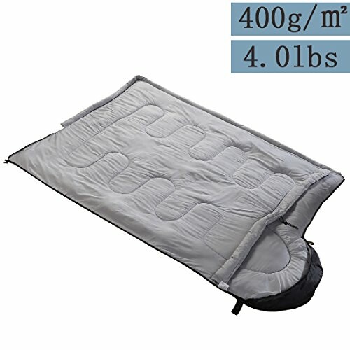 Gray sleeping bag with weight and density details.