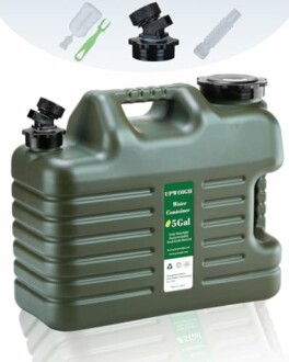 Green 5-gallon water container with accessories.