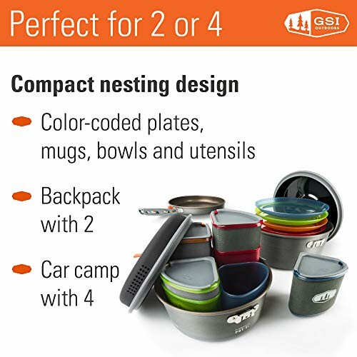 GSI Outdoors compact nesting cookware set for 2 or 4 with color-coded plates, mugs, bowls, and utensils.