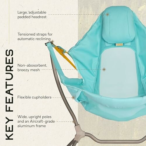 Hammock chair with features labeled: adjustable headrest, tensioned straps, breezy mesh, cupholders, durable frame.