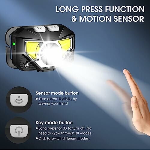 Motion sensor headlamp with long press function and hand gesture control.