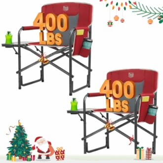 Heavy-duty folding chairs with 400 lbs capacity, red color, with side table and cup holders.