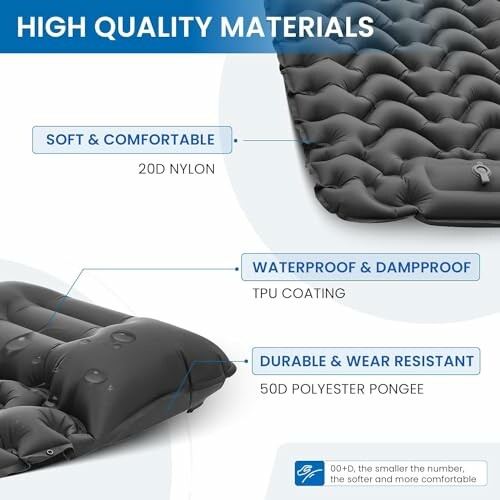 Mattress materials: soft 20D nylon, waterproof TPU, durable 50D polyester.