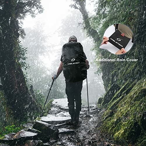 Hiker on a rainy forest trail with a backpack and an additional rain cover.