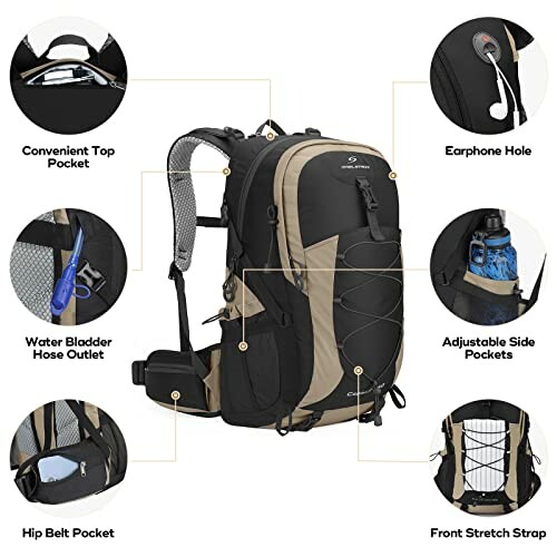 Hiking backpack with various features labeled, including top pocket, earphone hole, water bladder hose outlet, adjustable side pockets, hip belt pocket, and front stretch strap.