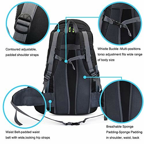 Hiking backpack features including adjustable straps, whistle buckle, padded waist belt, and sponge padding.