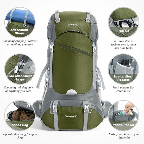 Green hiking backpack with labeled features including attachment straps and pockets.