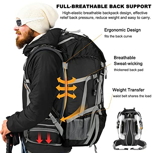 Hiker wearing a black backpack with full-breathable back support and ergonomic design.