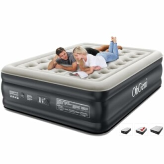 Two people relaxing on a gray inflatable air mattress with built-in pump.