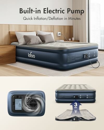 Inflatable mattress with built-in electric pump for quick inflation.