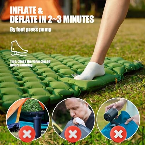 Foot pressing inflatable sleeping mat with instructions and warnings.