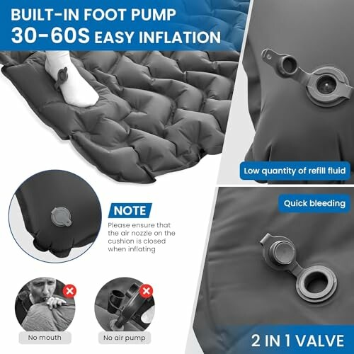 Inflatable sleeping pad with built-in foot pump and valve details.