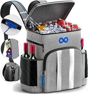 Insulated cooler backpack with drinks and ice