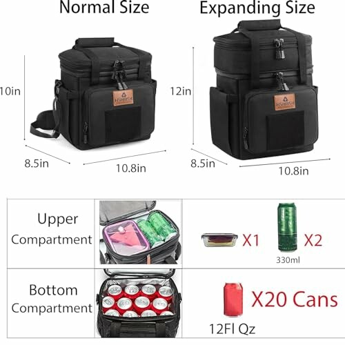 Insulated cooler bag with normal and expanding size, showcasing upper and bottom compartments for cans and bottles.