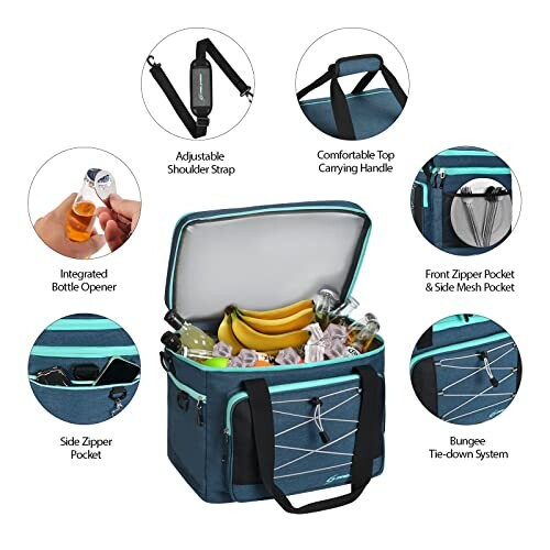 Insulated cooler bag with adjustable strap, bottle opener, and various pockets.