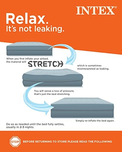 Intex airbed stretching guide explaining initial air loss due to material stretching.