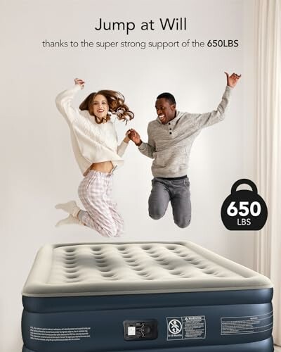 Two people joyfully jumping on an air mattress with 650 lbs support.