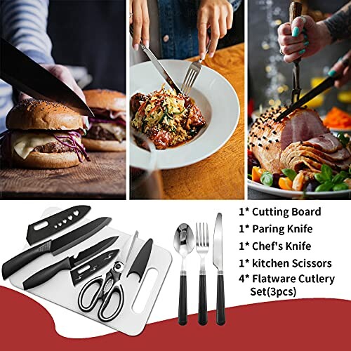 Knife set with cutting board, paring knife, chef's knife, kitchen scissors, and flatware cutlery.