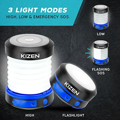 Kizen portable lantern with three light modes: high, low, and flashing SOS.